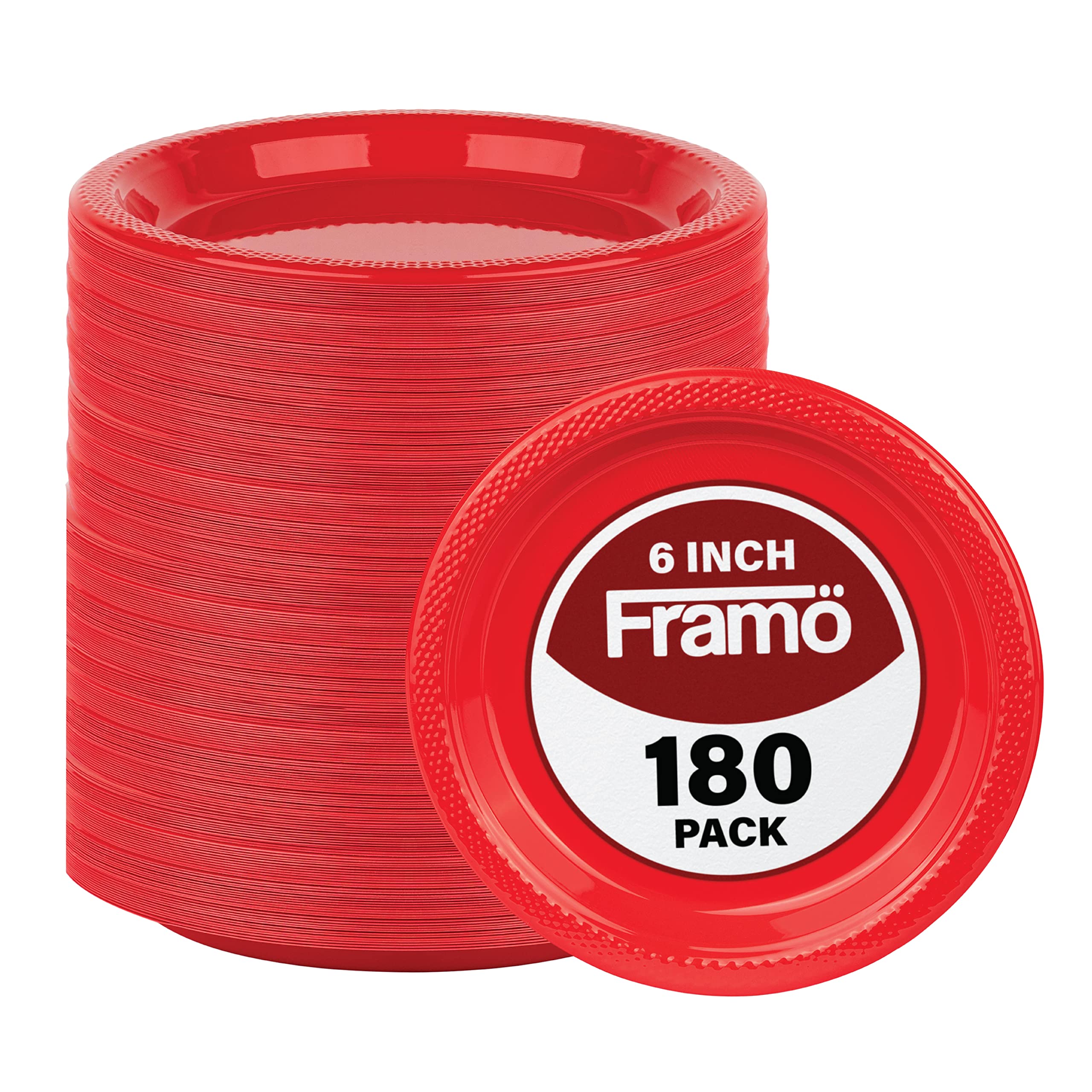 Photo 1 of Framo 6 Inch Disposable Red Plastic Plates In Bulk for Party and Dinner, And For Any Occasion, Microwaveable, BBQ, Travel, and Events (180 pack)