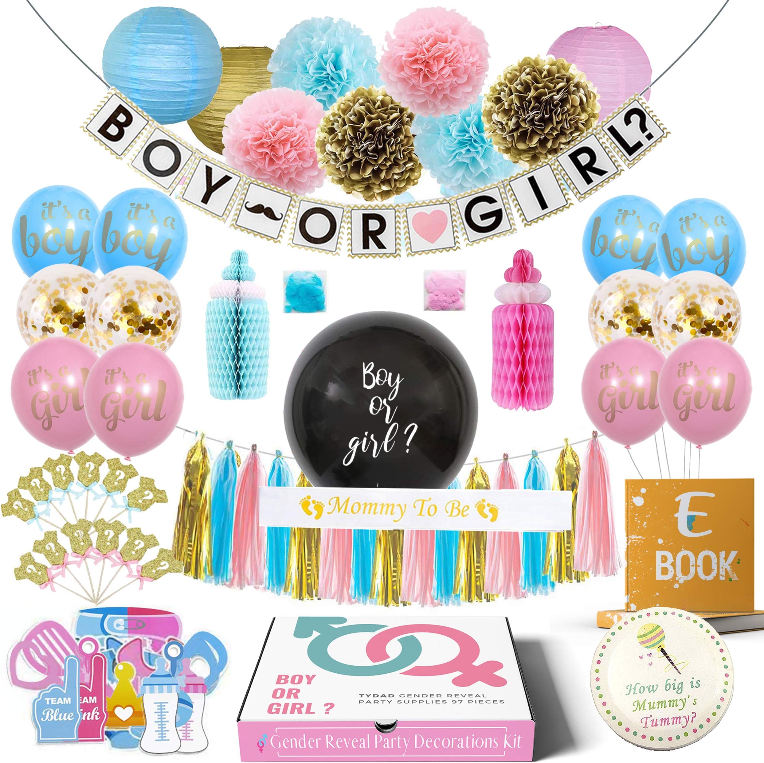 Gender Reveal Party Supplies (97 Pieces) with 36 Inch Reveal Balloon and Sash, Photo Props, Cupcake Toppers, Confetti Balloons, Paper Lanterns, Pom Poms and more, Bonus Retractable Tape Measure and ebook - Premium Gender Reveal Decorations Set Kit