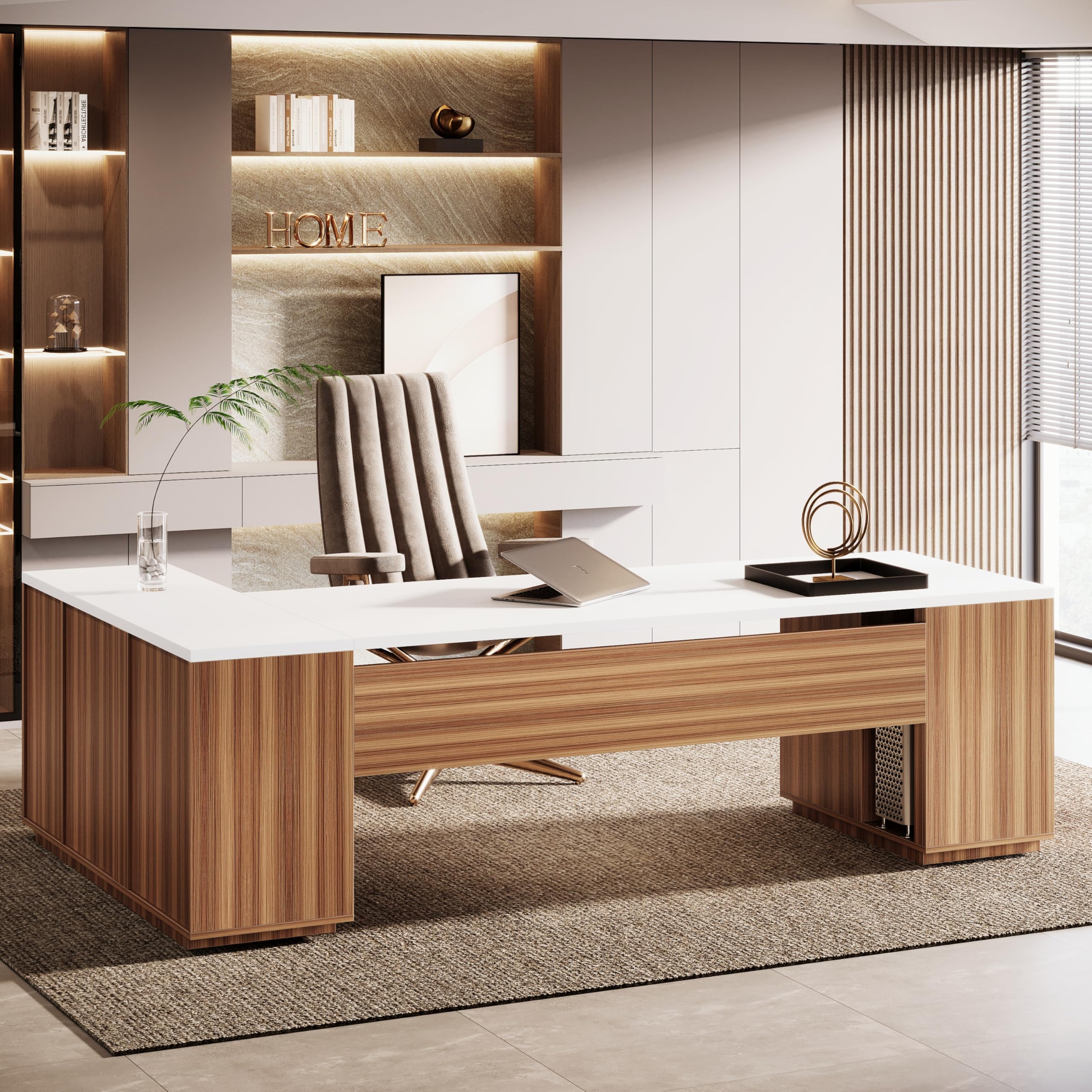 Photo 1 of **PARTIAL SET/check clerk comments**Tribesigns 85.8-Inch L-Shaped Executive Office Desk with File Drawers & Storage Cabinet, Professional Corner Computer Desk Extra Large Business Workstation with Adjustable Shelves (White&Walnut)