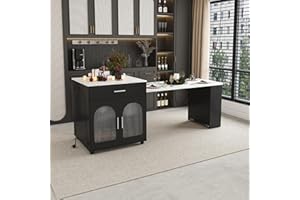 80.7 Inch Expandable Kitchen Island with Dining Table, Mobile Storage Cart with Cabinet & 2 Drawers, Marble-Grain Countertop 