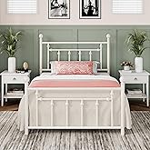 Allewie 14 Inch Twin Size Metal Platform Bed Frame with Victorian Vintage Headboard and Footboard/Mattress Foundation/Under Bed Storage/No Box Spring Needed/Easy Assembly/Noise Free/White