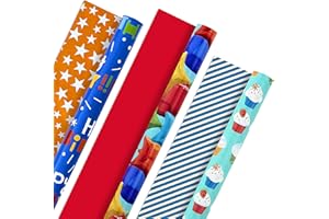 Hallmark Birthday Wrapping Paper Rolls - Balloons, Stars, Cupcakes, Blue Stripes, Solid Red Gift Wrap Paper (Set of 3 Reversible Rolls: 75 sq. ft. ttl.)