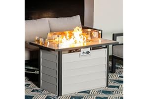 Nuu Garden 43'' Patio Propane Fire Pit Table, 50,000 BTU Gas Fire Pit with Marble-Textured Glass Top, Wind Guard, Lid, Glass Beads, CSA-Certified, 2-in-1 Outdoor Table for Gatherings, Ivory White