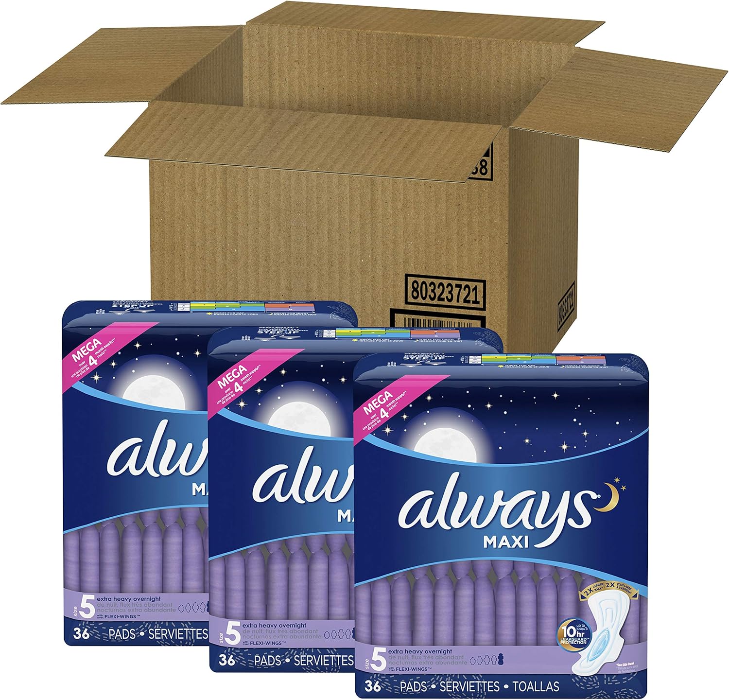 Always Maxi Feminine Pads with Wings for Women, Size 5, Extra Heavy Overnight, Unscented, 36 Count - Pack of 3 (108 Count Total): Health & Personal Care