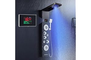 ROVATE LED Shower Panel Tower System with Rainfall and Mist Shower Head, 6-in-1 Shower Tower with Jets and Handheld and Digital Temperature Display, Black Shower Column High Pressure with Tub Spout