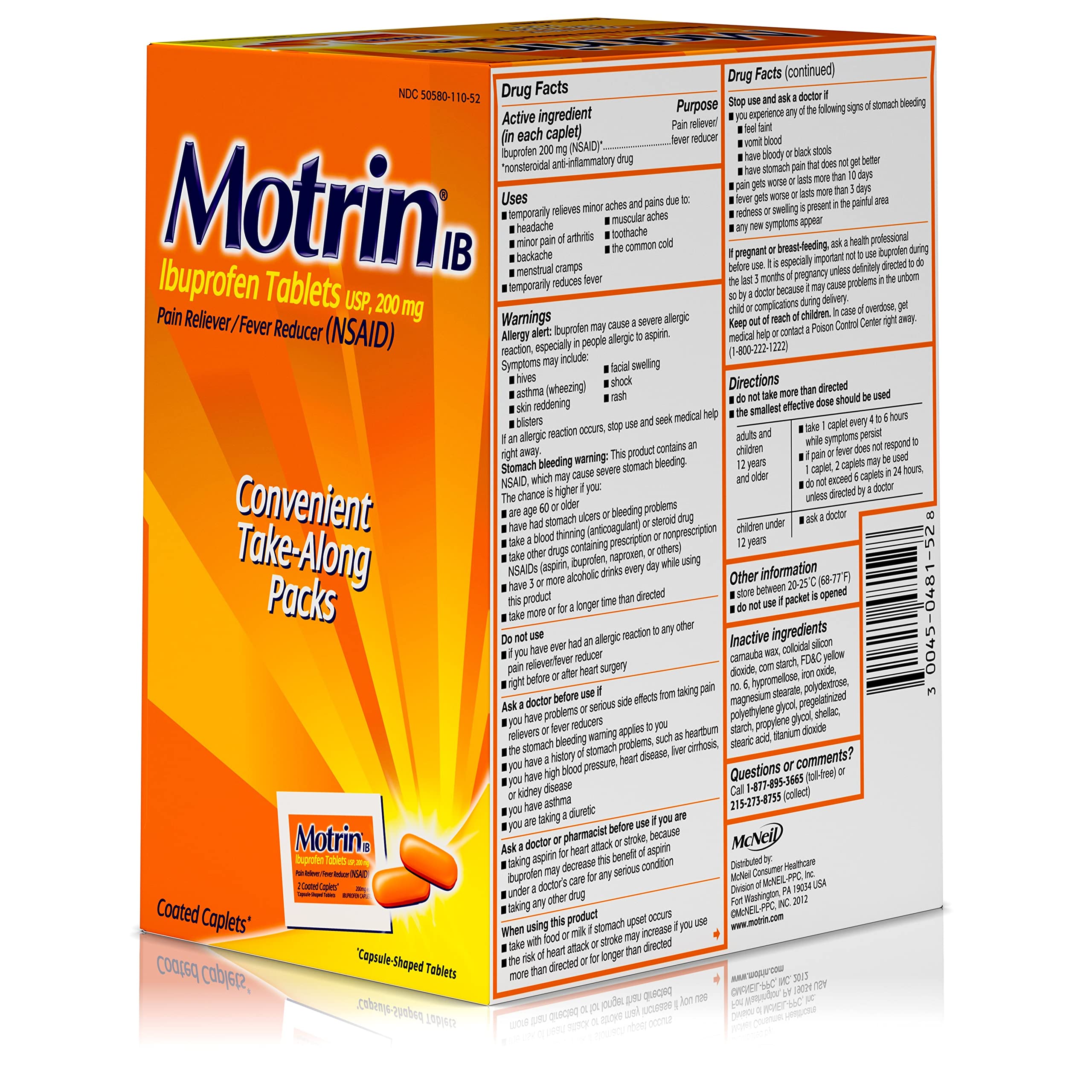 Motrin IB, Ibuprofen 200mg Tablets, NSAID Pain & Fever Reliever for Headache, Backache, Muscular Aches, Arthritis Pain Reliever, 50 Travel Packets of 2, 100 ct