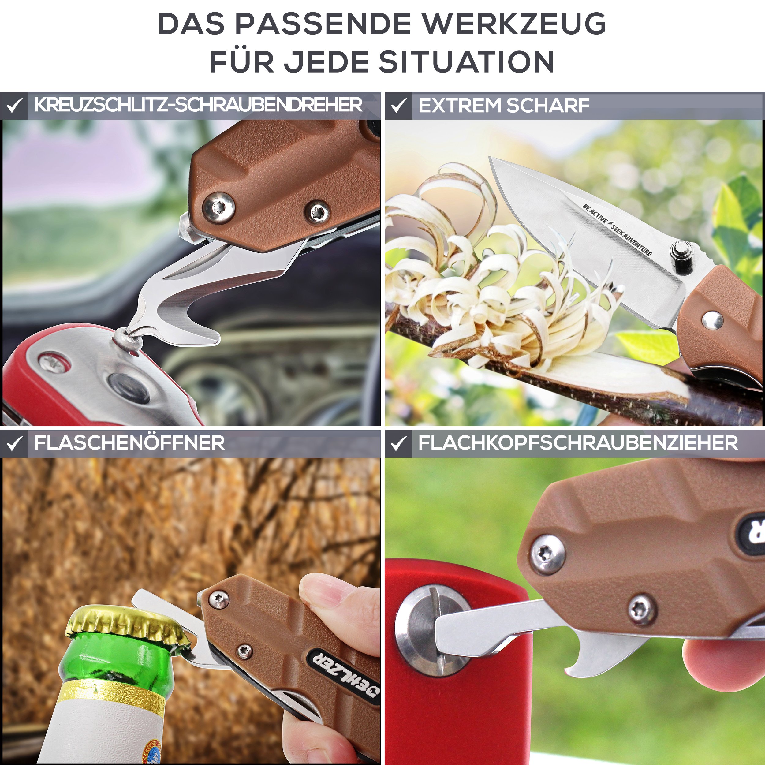 Klapp Taschenmesser mit Schärfer und Tasche - Multi Tool Nicht-Verriegelungs-Taschenmesser mit Gürtelclip, Flaschenöffner, Gürtelschneider, 2x Schraubendreher - Ideal für Camping und Notsituationen - von Dehlzer
