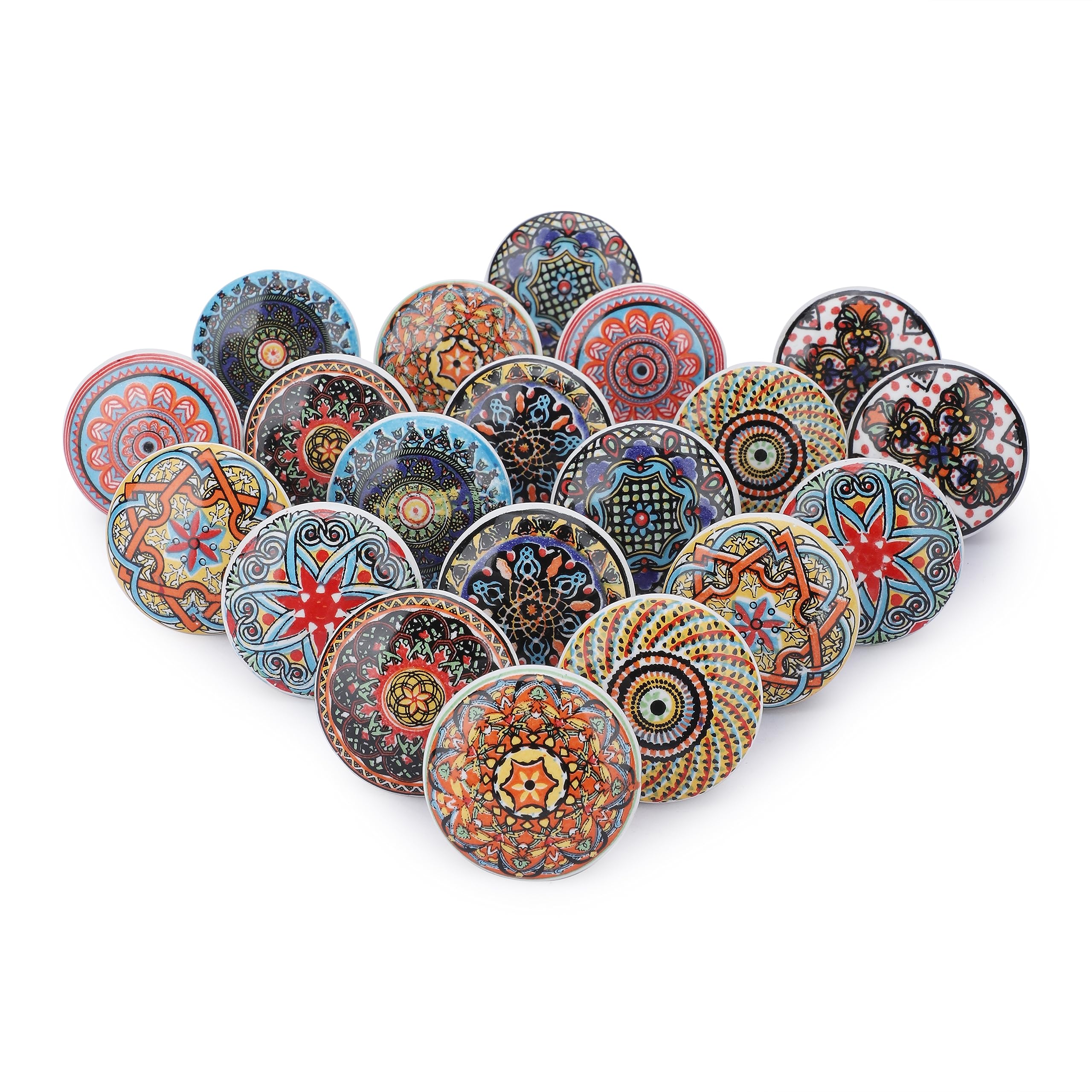 Ajuny Multicolor Printed Vintage Look Flower Ceramic Knobs Door Handle Kitchen Cabinet Drawer Furniture Cupboard Glossy Finishing Handles Pull Indian Set of 20