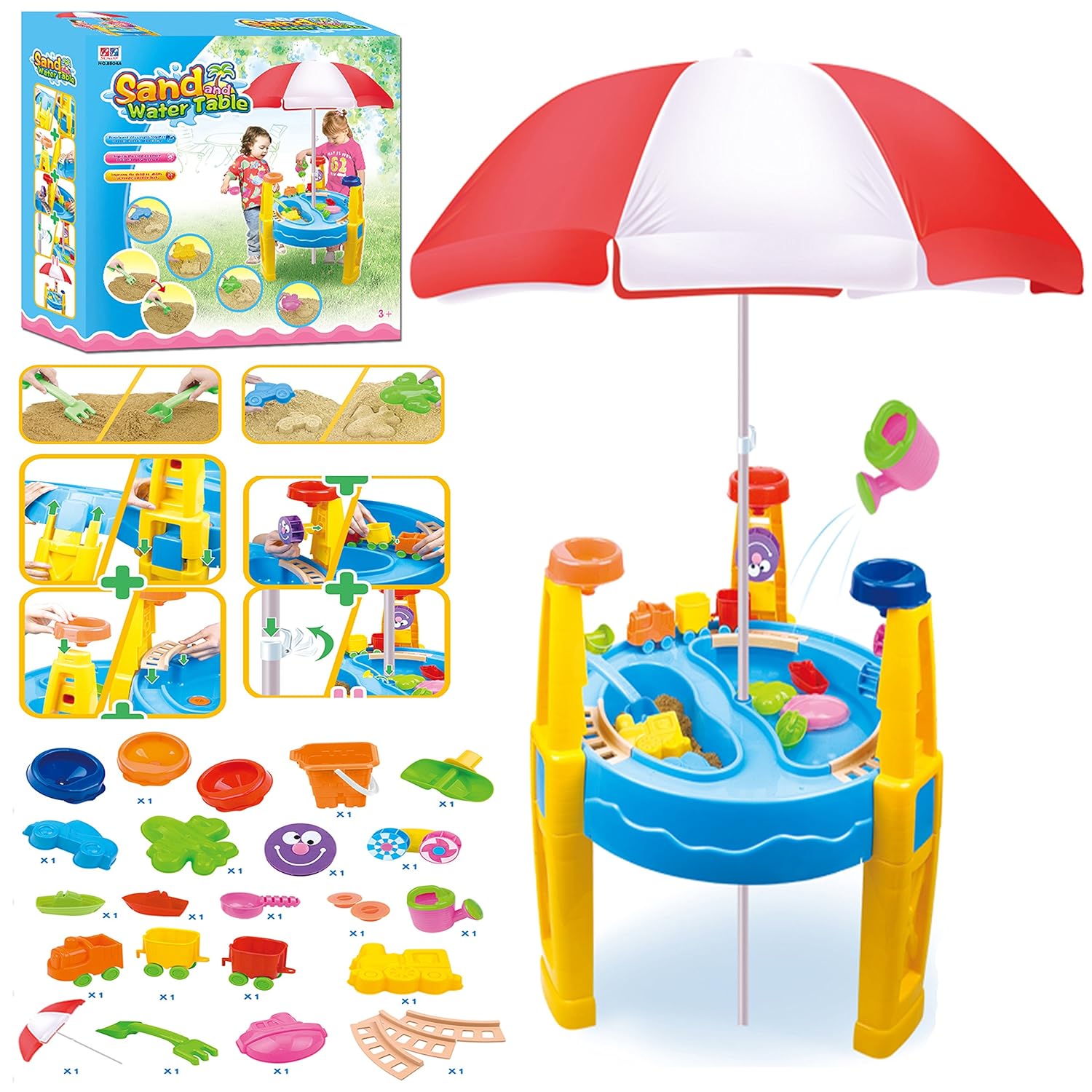 The Magic Toy Shop Kids Sand and Water Play Table with Umbrella Parasol