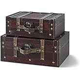 SLPR Wooden Vintage Luggage Trunks - Set of 2, Decorative Antique Suitcase Boxes with Hinged Lids, Old Fashioned Chests for Home and Table Décor