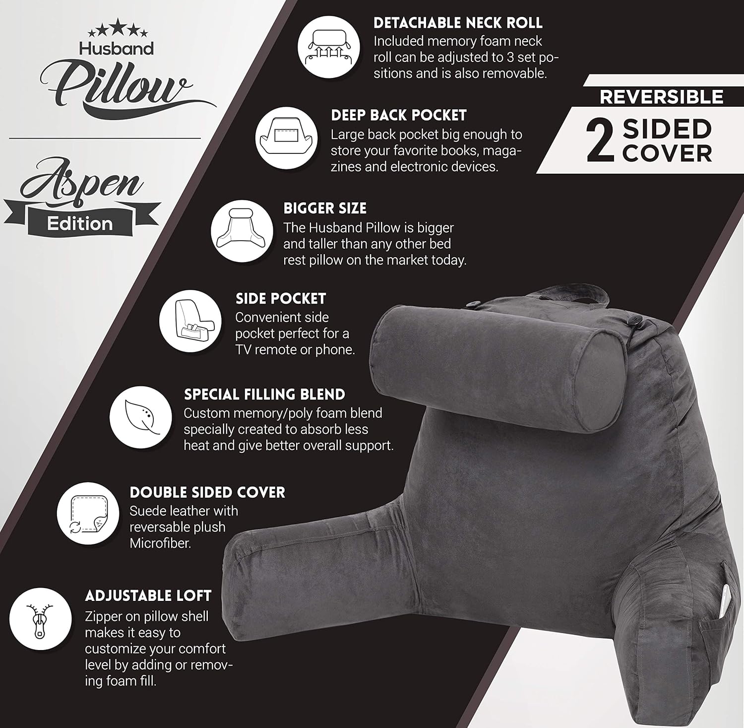 Husband Pillow, Aspen Edition - Reading and Bed Rest Pillow with Arms - Neck Roll on Bungee Cord or Removable - Premium Memory Foam - Reversible Two-Sided Cover Microsuede or Microfiber, Iron Grey: Home & Kitchen