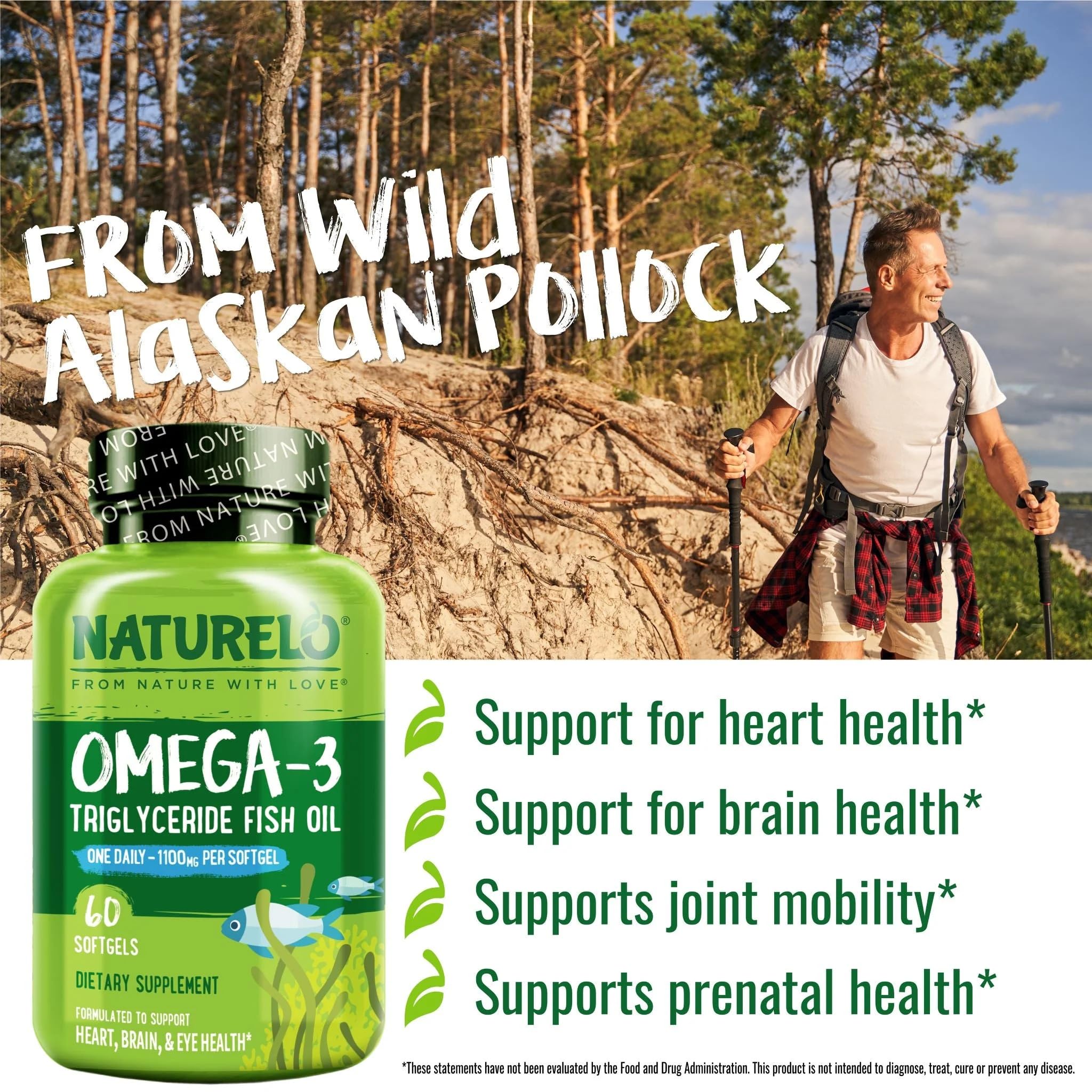 NATURELO Burpless Omega 3 Fish Oil Supplement - 1100mg Triglyceride Omega-3, EPA + DHA, Liquid Fish Oil for Heart, Eye, Brain, Joint Health - 60 Softgels, 2 Months Supply