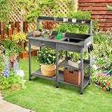 TANGZON Wooden Potting Table with Sink, Drawer & Hooks for Garden Workstation view 8