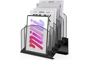SINBOUN Inclined Desk File Organizer Metal Desk Magazine Folder Holder with 5-Section Vertical Compartments Rack File Organizer for Office, Home, School, Black