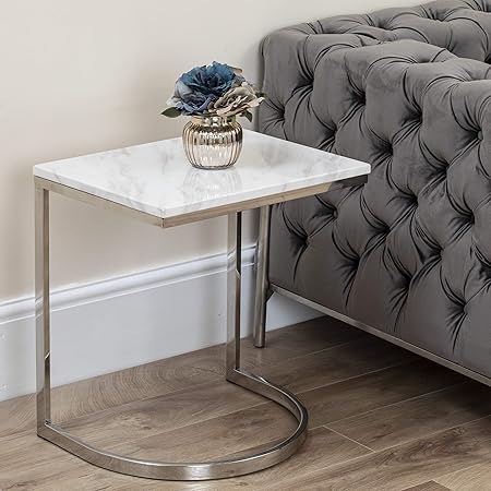 Abreo White Marble Top Small Side Table White Marble Effect With Brushed Steel Silver Legs Amazon Co Uk Kitchen Home