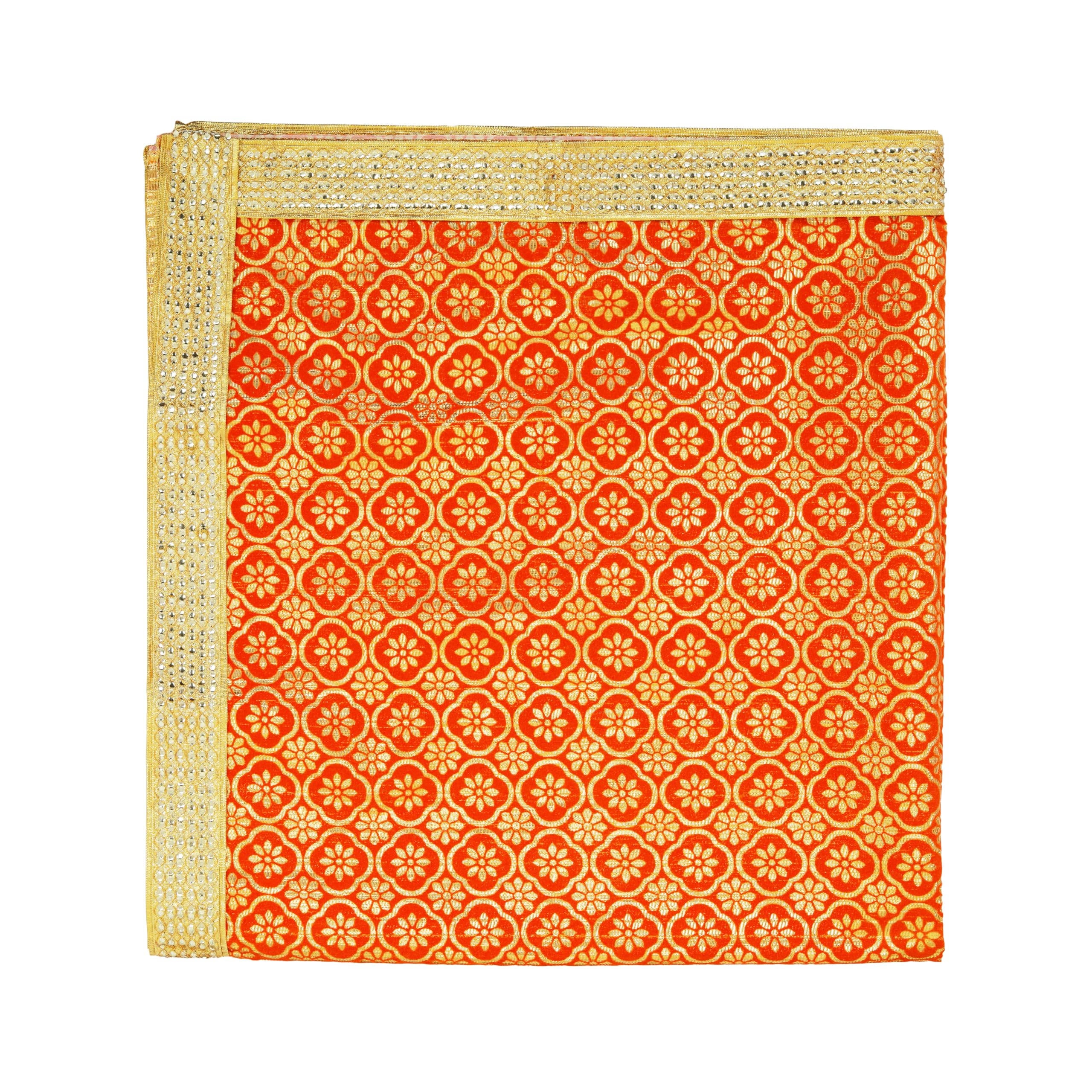 Decorative Mat Aasan Pooja Cloth (Size :- 36 Inch x 36 Inch) Puja Asaan Large Puja Indian Traditional New year Decorations Festival for Backdrop Mat Aasan Statue Chowki Mat Posters Frame(Orange)