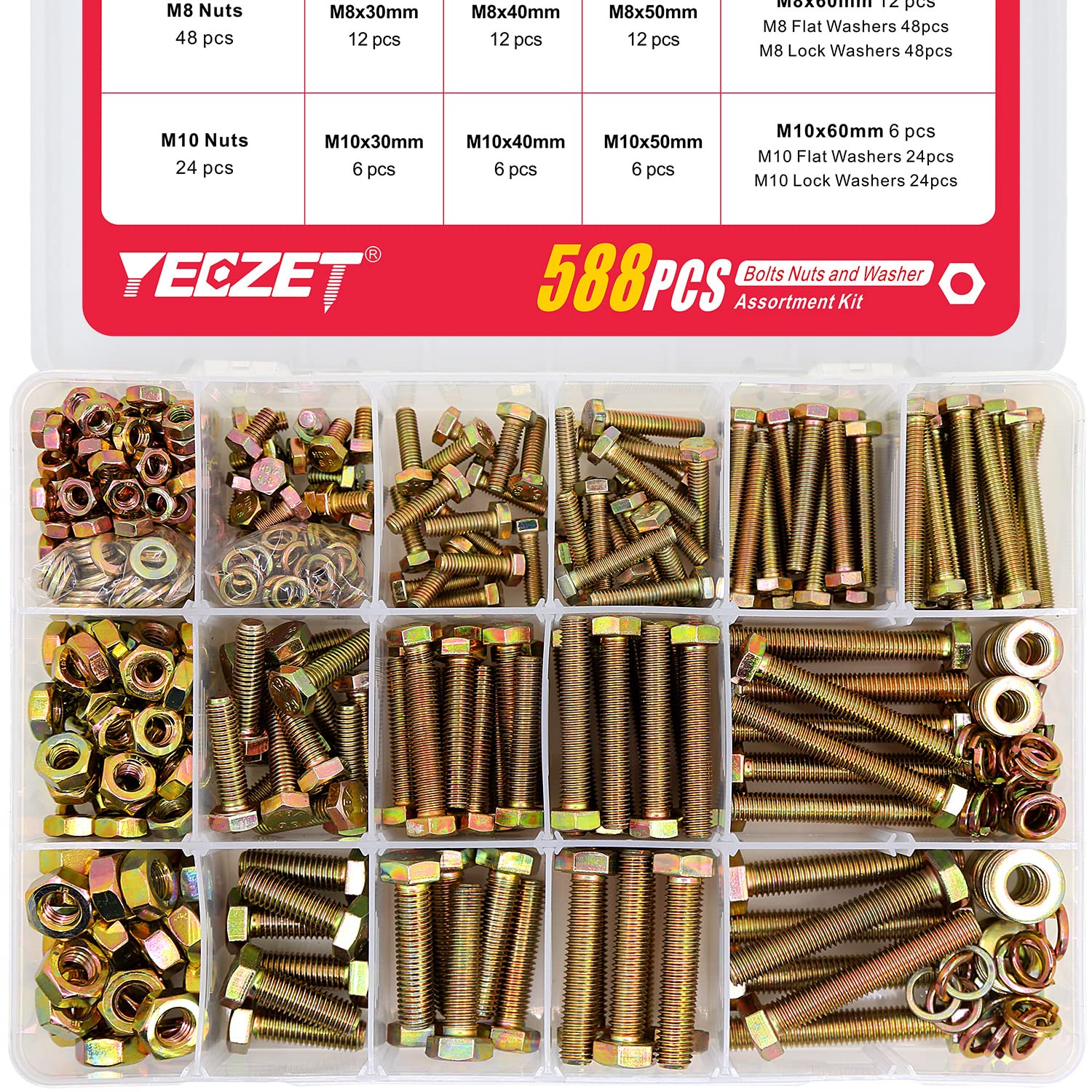 YEEZET 588PCS M6 M8 M10 Grade 8.8 Heavy Duty Bolts and Nuts Flat & Lock Washers Assortment Kit Includes 13 Most Common Sizes