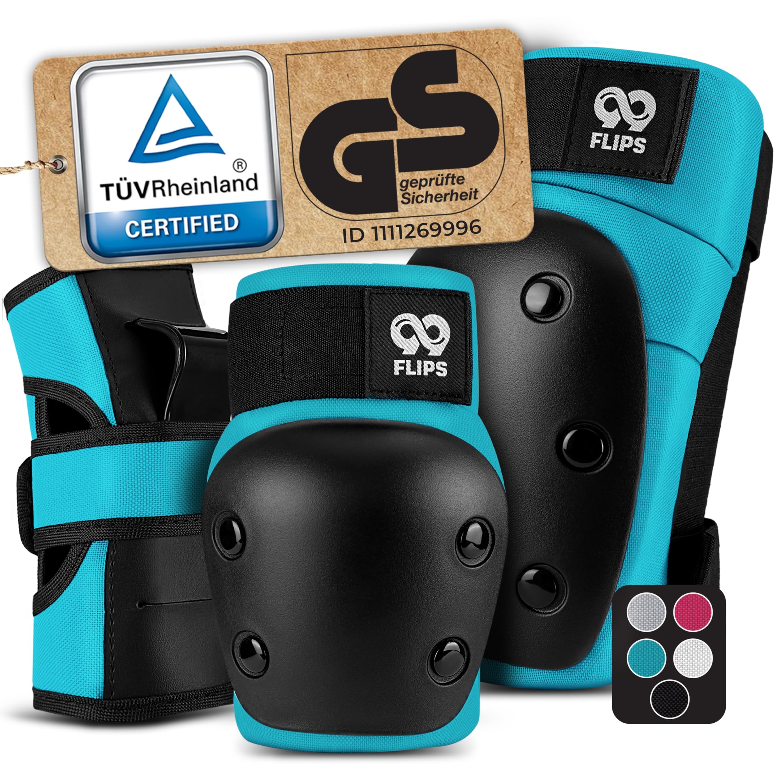 99FLIPS Knee and Elbow Pads Adult - incl. Wrist Guards - Skating Protective Gear Adult - Size L in Light Blue - Skateboard, Scooter and Inline Skating