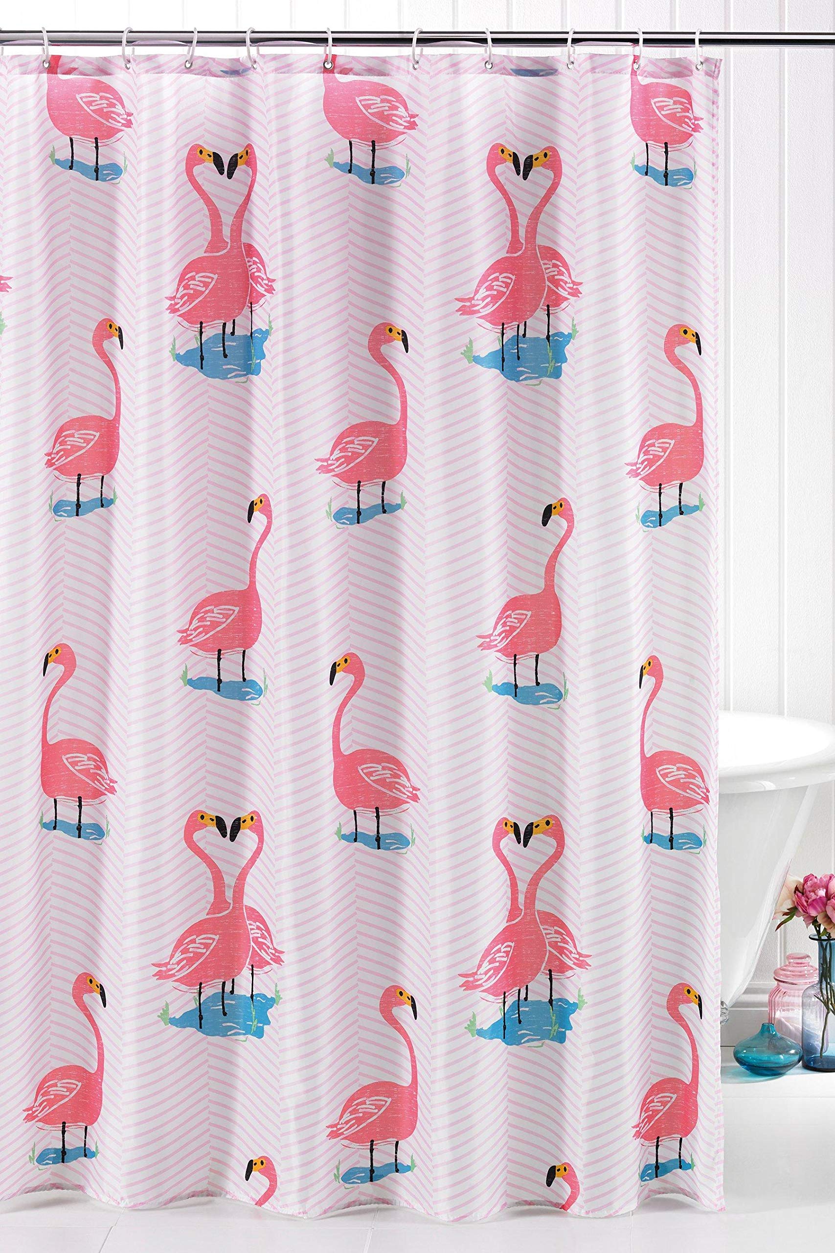 Flamingo Weighted Hem Shower Curtain with Curtain Rings - Easy care anti mould