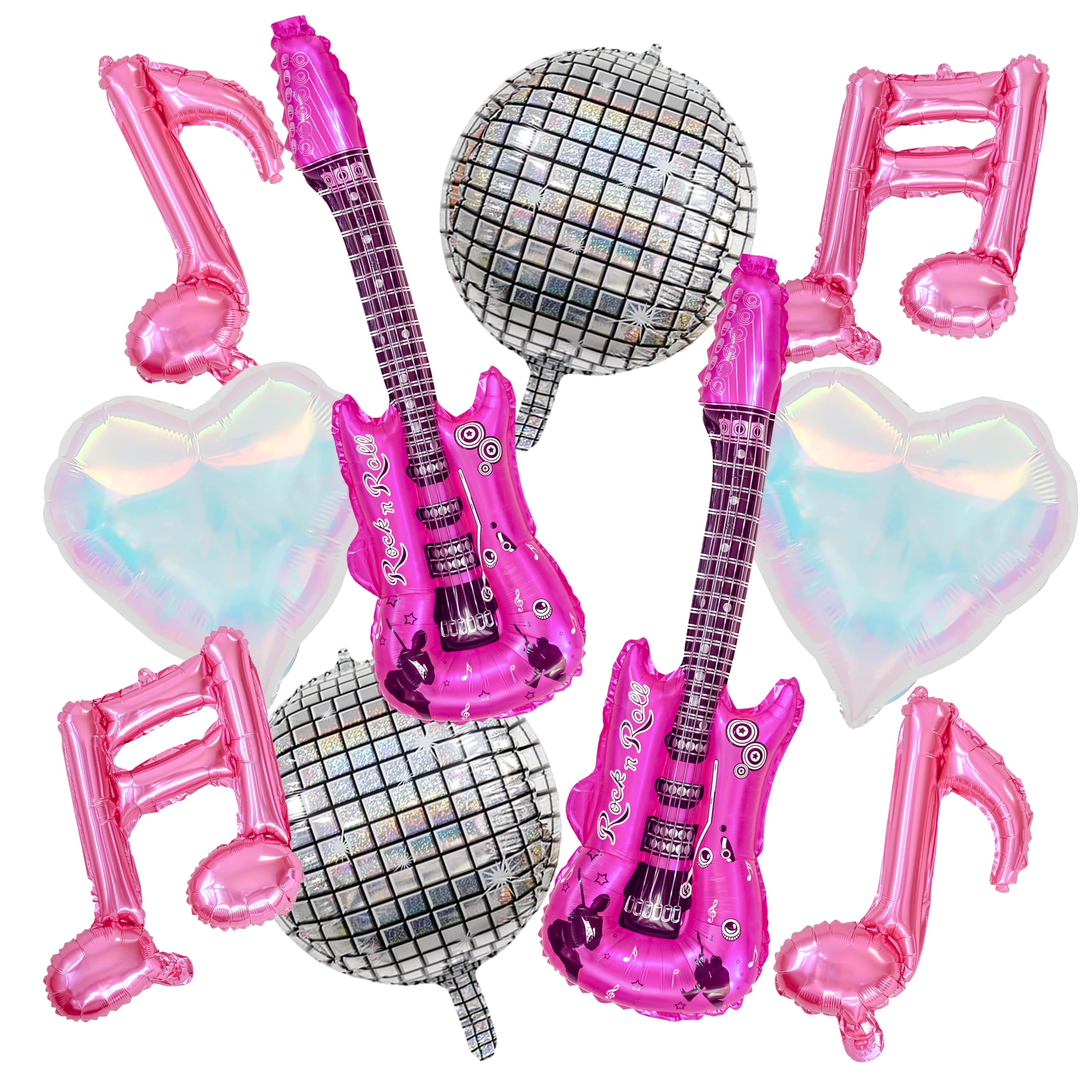 Photo 1 of 10 Pcs Pink Music Balloons, Foil Music Note Balloon Iridescent Disco Guitar Balloons, Music Party Decoration for Concert Music Themed Party Decorations