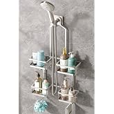 BXINREDA Aluminum Shower Caddy Hanging for Handheld Showerheads, Never Rust Shower Organizer with Hooks Holder Toothbrush Holder，Over Showerhead Caddy for Bathroom