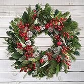 24 Inch Christmas Wreath with Red Berries, Apples, Pinecones and Eucalyptus – Artificial Winter Holiday Front Door Wreath for Farmhouse, Indoor Outdoor Xmas Home Décor