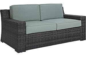 Crosley Furniture Beaufort Beaufort Wicker Outdoor Loveseat, 2-Person Patio Couch for Porch, Deck, Backyard, Brown with Mist Cushions