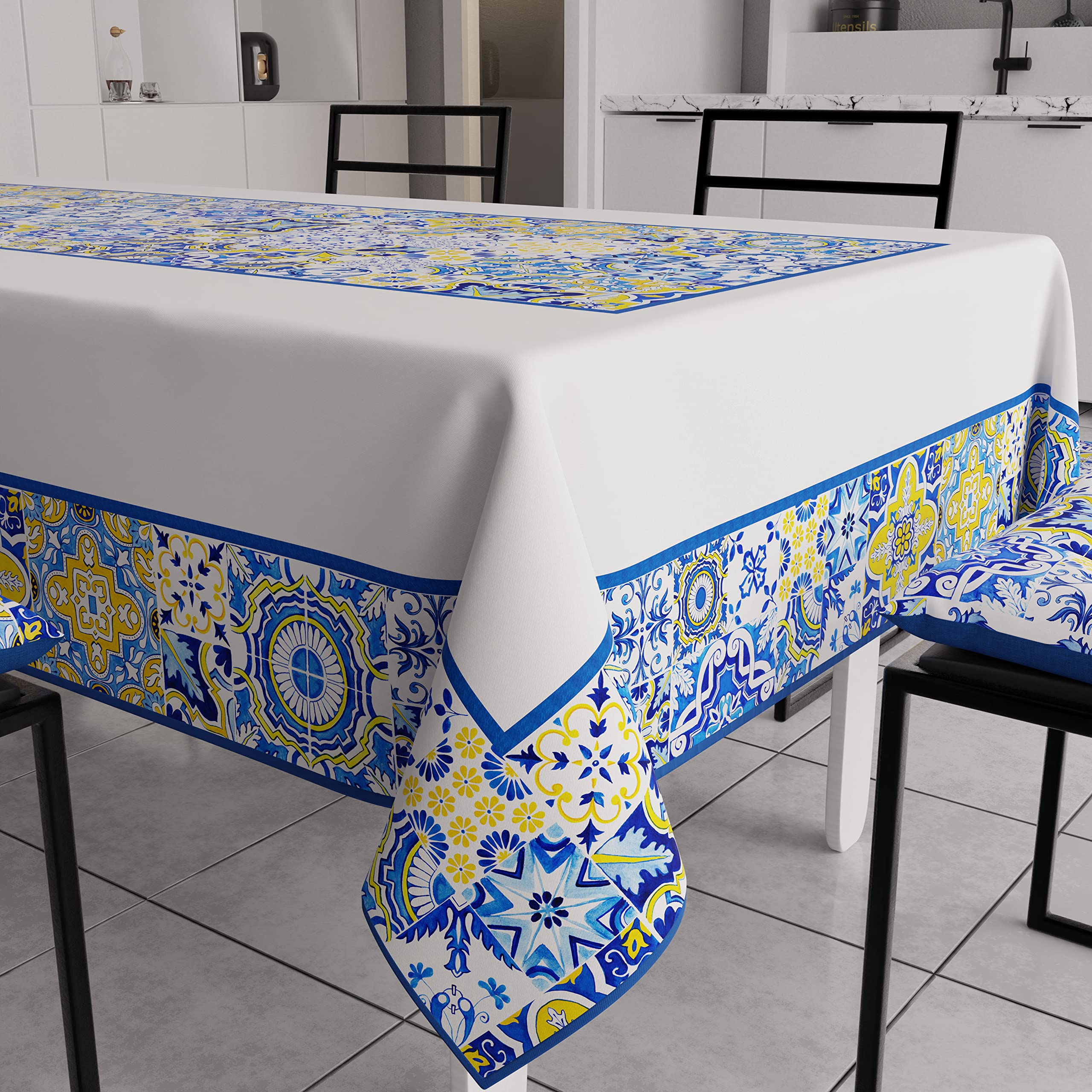 PETTI Artigiani Italiani - Anti-Stain Rectangular Tablecloth for Kitchen Geometric Design Vietri Blue X24 Seater (140 x 450 cm) 100% Made in Italy