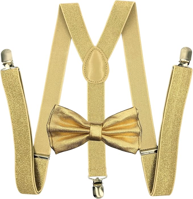 Metallic Gold Bow Tie & Matching Suspenders Set Tuxedo Wedding Prom