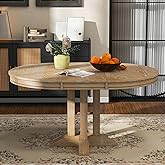 Merax Farmhouse Expandable Round Dining Table for 4-6, Natural | 42 to 56 Inch Vintage Solid Wood Kitchen Table with Removable Oval Leaf, Retro Distressed Finish for Dining Room