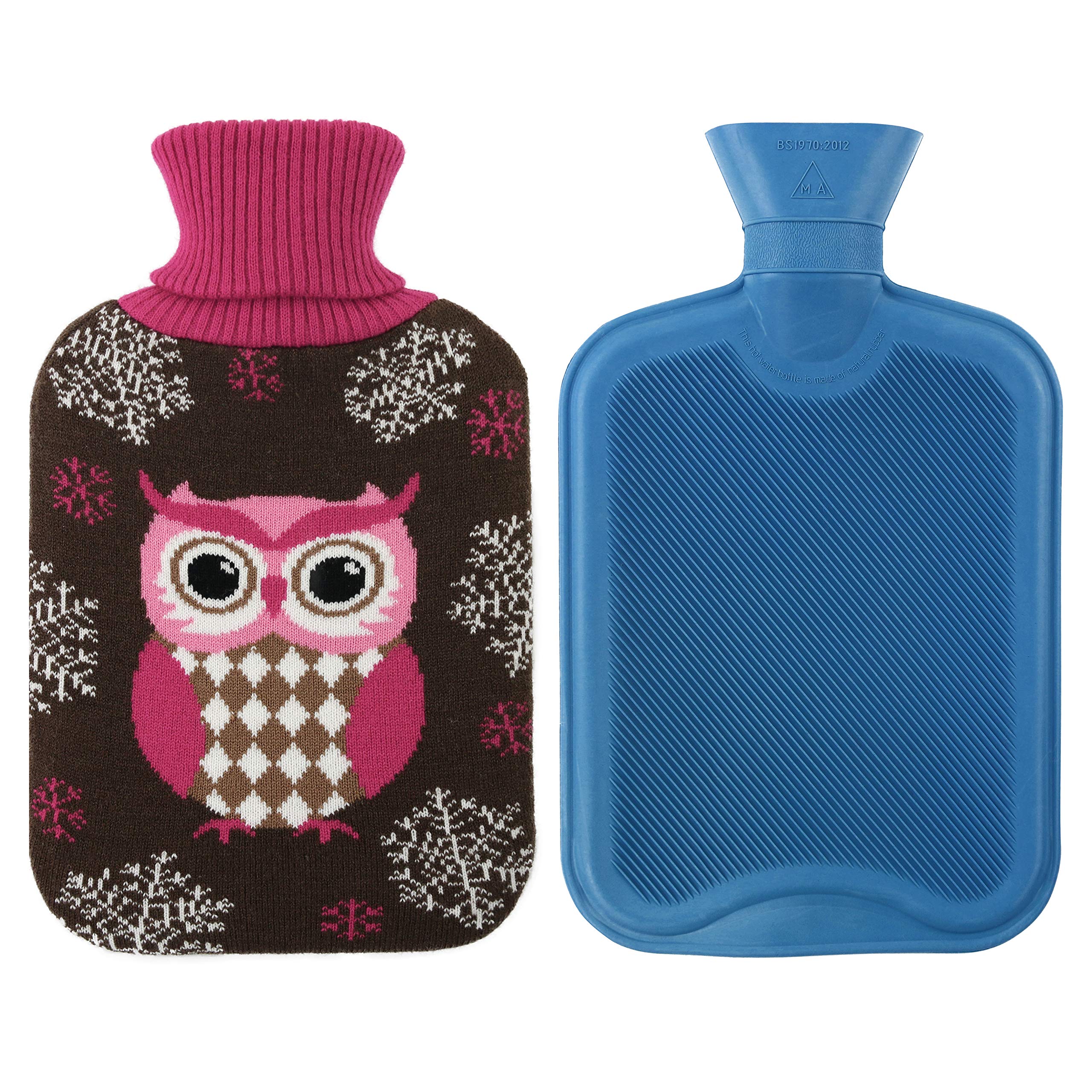 Premium Classic Rubber Hot Water Bottle w/Cute Knit Cover (2 Liter, Purple/Gray with