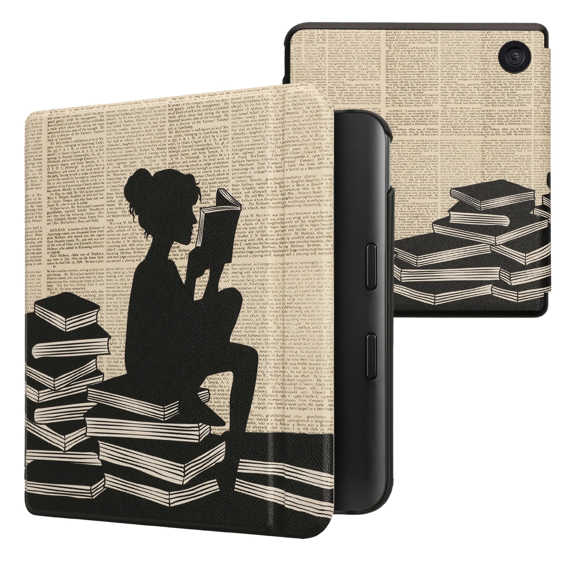kwmobile Cover for Kobo Libra Colour Case - eReader Cover with auto sleep funktion - Girl and Books with Black/Beige