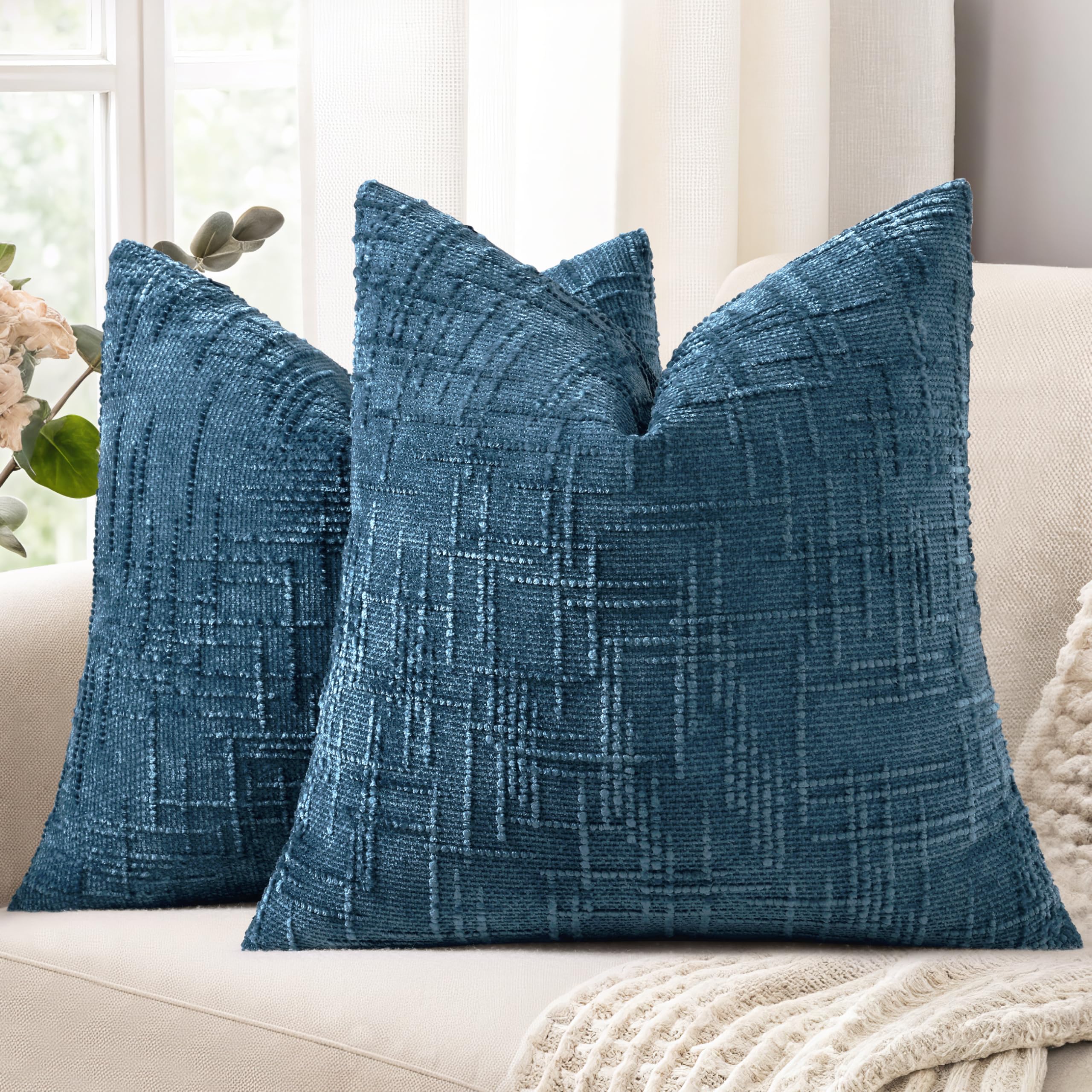 Photo 1 of decorUhome Navy Blue Chenille Throw Pillow Covers 18x18 Set of 2 Thick Textured Slubby Couch Pillow Covers Farmhouse Accent Modern Neutral Decorative Pillow Cases for Bed Sofa Living Room