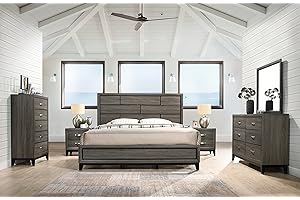 Roundhill Furniture Stout Panel King Size Bedroom Set with Bed, Dresser, Mirror, 2 Night Stands, Chest, Grey
