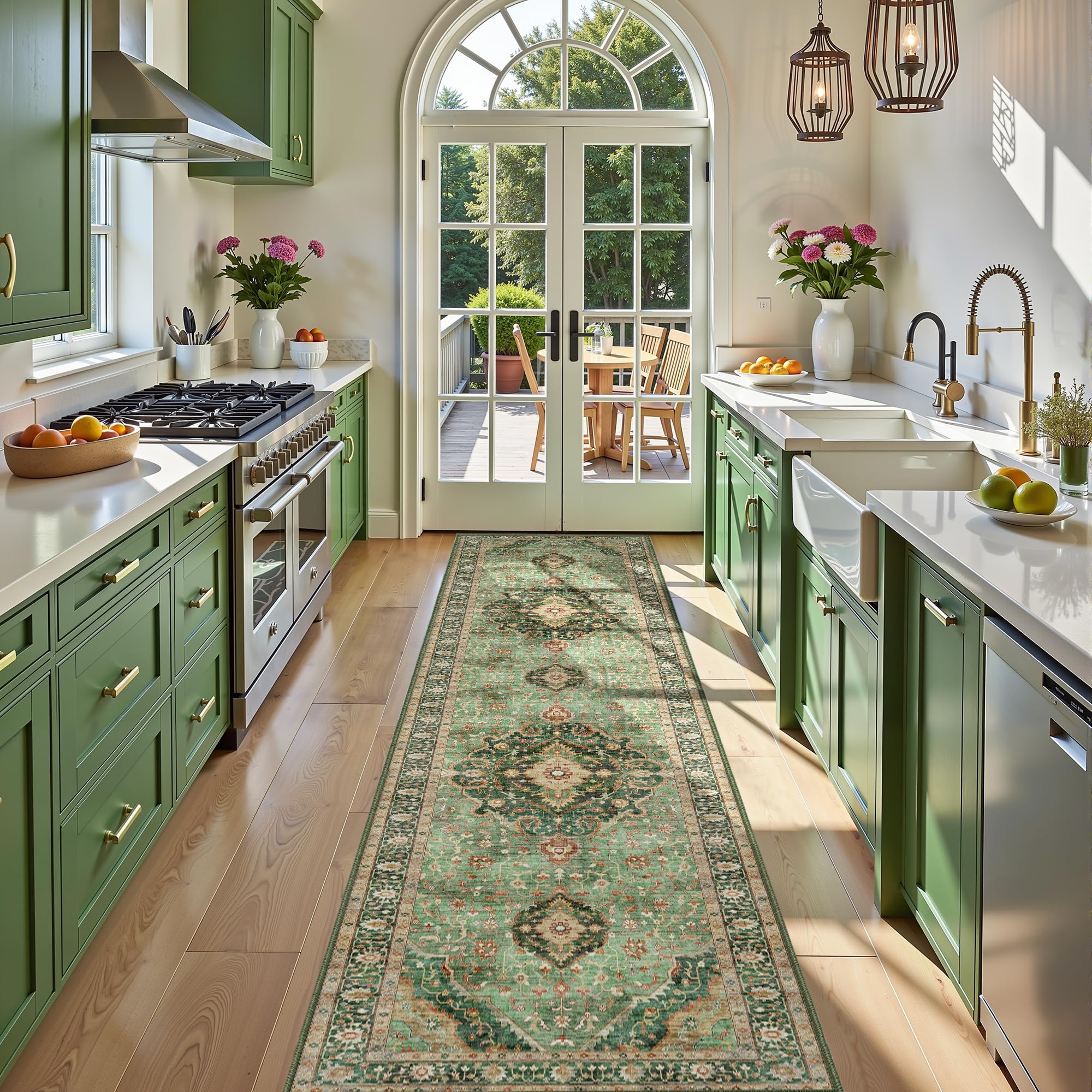 Photo 1 of Green Boho Washable 3x12 Extra Long Runner Rug for Hallway, Waterproof Large Kitchen Floor Rug, Non-Slip Stain & Fade Resistant, Vintage Floral Decor
