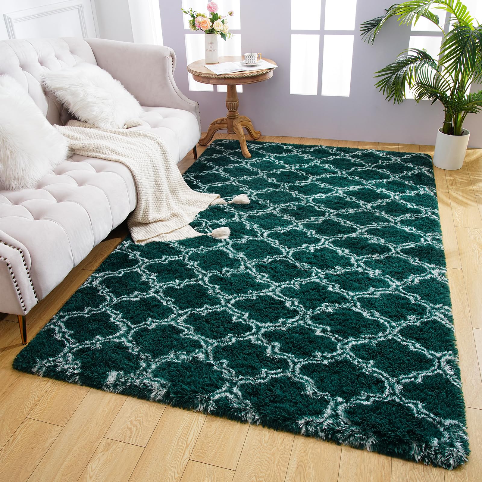 5x8 Feet Soft Plush Shaggy Rug for Bedroom,Dark Green and White Modern Geometric Area Rugs for Living Room, Apartment, Girls Boys Room Fluffy Indoor Floor Carpet for Dorm Cozy Home Decor