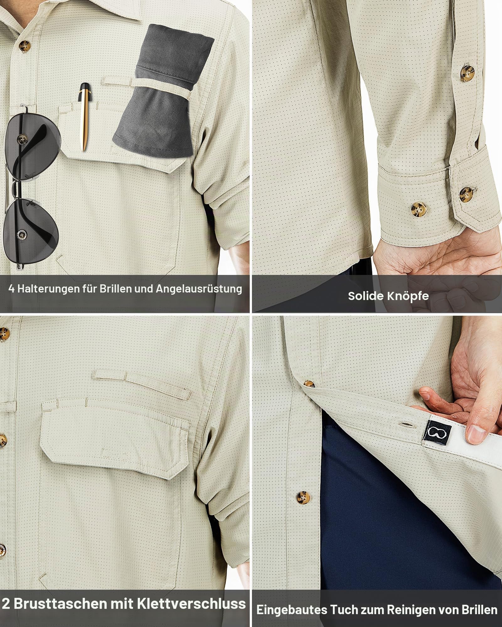 33,000ft Herren Sportshemd Langarmhemd Atmungsaktives Funktionshemd Schnelltrocknende Shirt Outdoorhemd für Männer Frühling Sommer Herbst Wandern Angeln Shirts Khak L 6