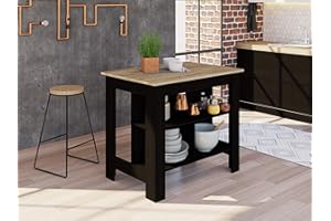 DEPOT E-SHOP Delos Kitchen Island 35.4H X 40,5W X 27,5D with Open Shelves, Large Tabletop, Black/Light Oak - Kitchen