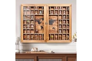 Tristcily Large World Map Shot Glass Display Case with Acrylic Glass Door – 60 Slots, 34 x 26'', Rustic Brown Wood Holder for 2 Different Size Shot Glasses, Shelf Organizer, Wall Mount Storage