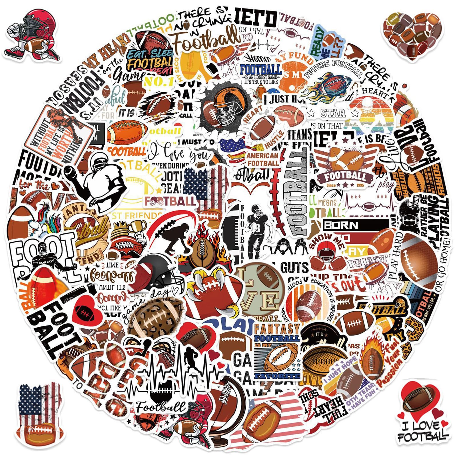 Photo 1 of 100pcs Football Stickers for Water Bottle, American Football Rugby Vinyl Waterproof Decal for Boy Teen Adult Laptop Phone Skateboard Guitar Luggage Notebook Helmet