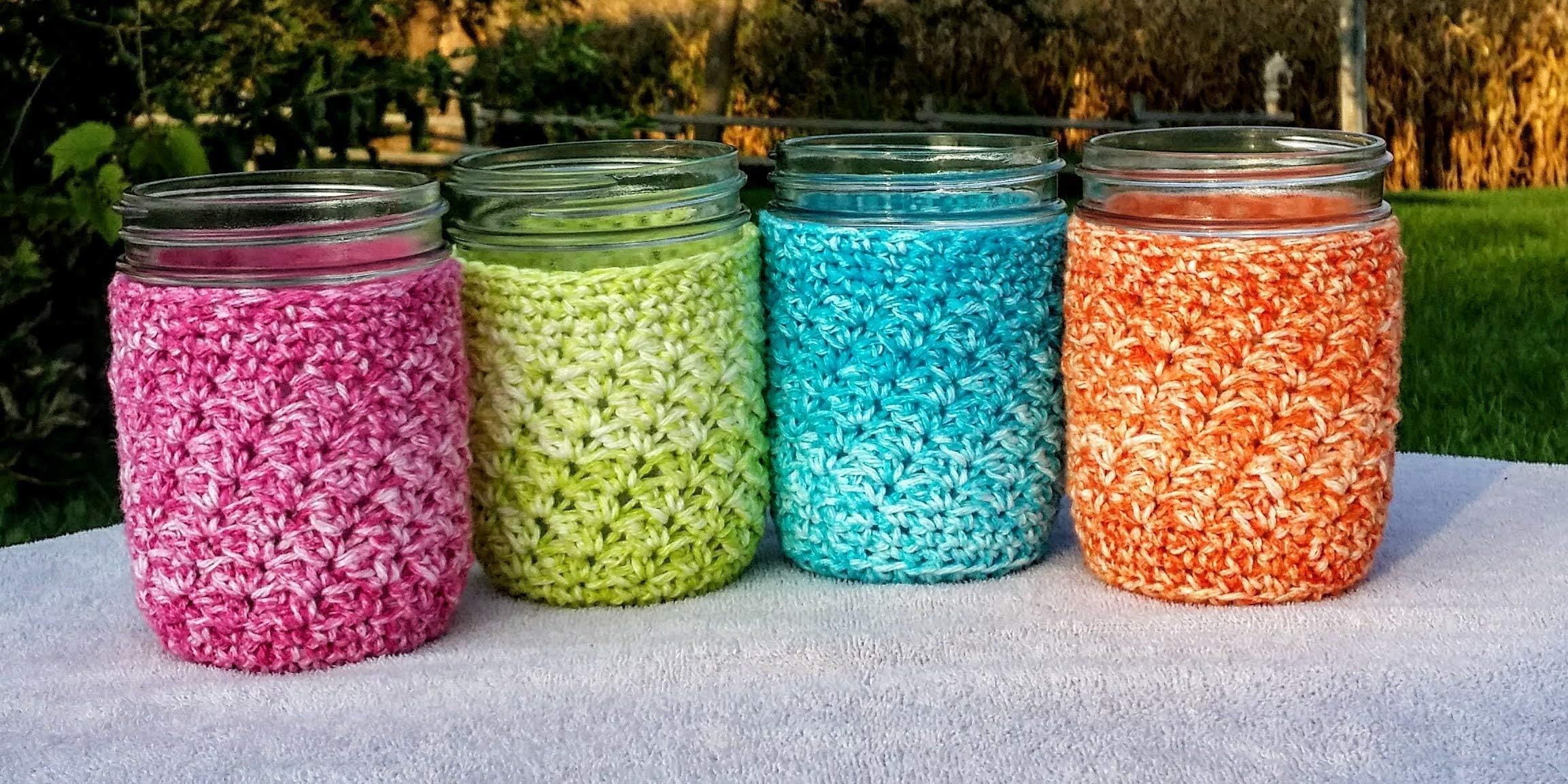 Hand Crocheted Pint Mason Jar Drinking Glass Cozies, tropical Florida colors, set of 4
