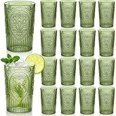 Acellegic 24pcs Plastic Vintage Drinking Glasses Bulk 16 oz Embossed Stemless Wine Glasses Shatterproof Reusable Cups for Beer Cocktail Juice Wedding Bridal Baby Shower Birthday Party (Green)
