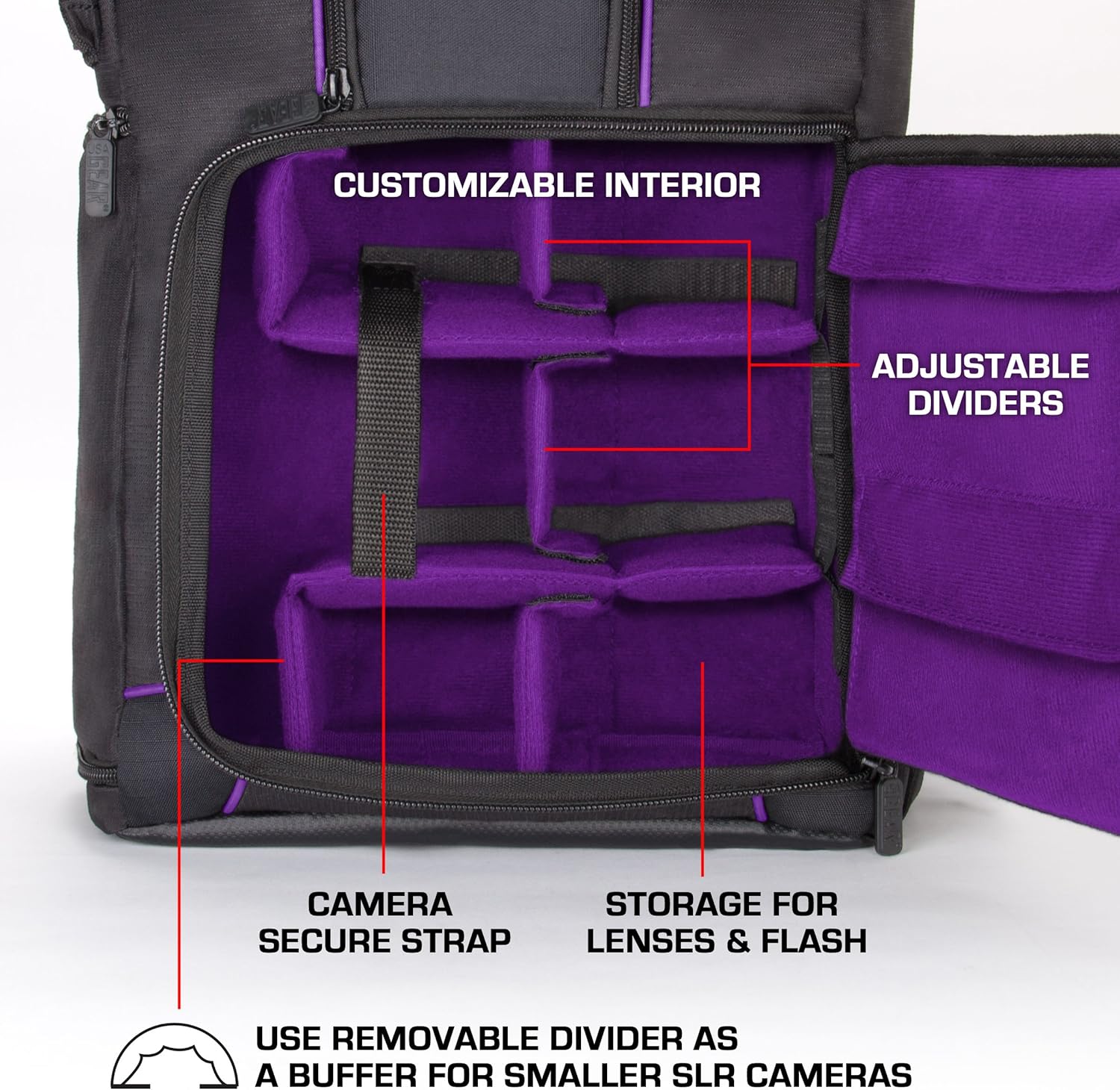 USA GEAR DSLR Camera Backpack Case (Purple) - 15.6 inch Laptop Compartment, Padded Custom Dividers, Tripod Holder, Rain Cover, Long-Lasting Durability and Storage Pockets - Compatible with Many DSLRs : Electronics