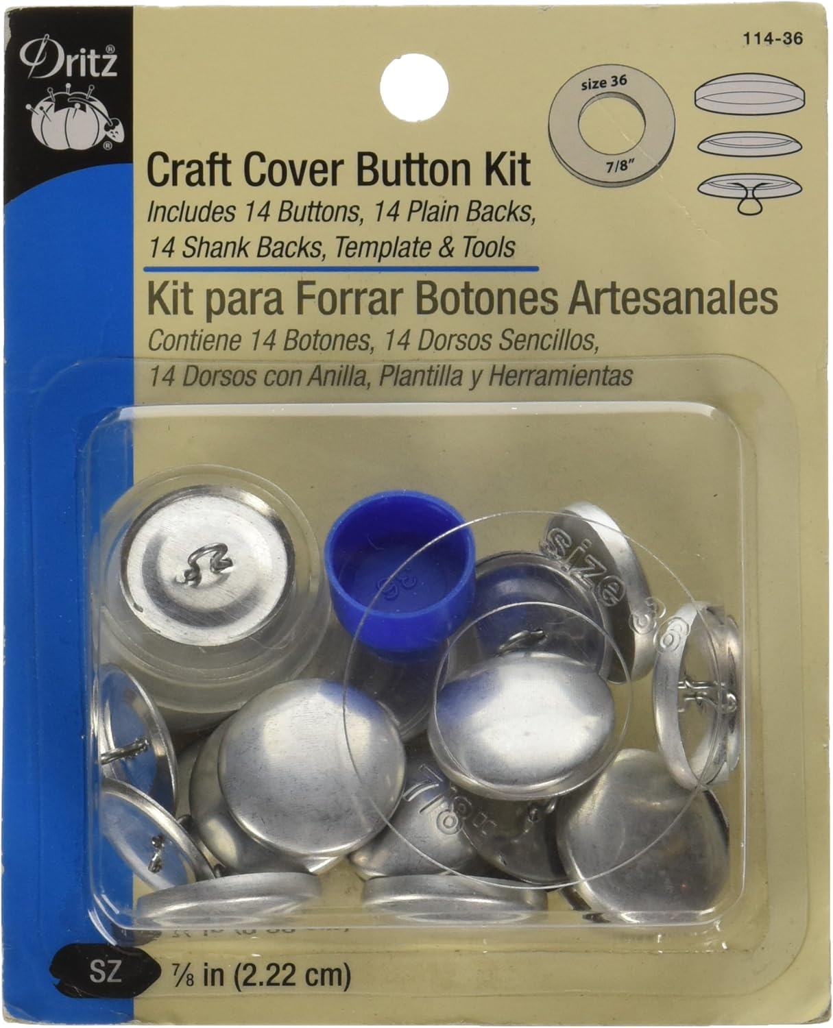 Dritz Craft Cover Button Kits 14/Pkg, Nickel, Size 36 (7/8-Inch)