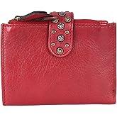 VILENCA HOLLAND 4.75 Inch Genuine Italian Leather Boho Studded Bifold Wallet – Zipper Coin Purse & Credit Card Holder for Women (Red)