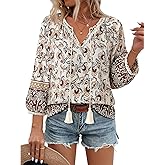 Vivilli Womens Boho Tops Casual V Neck 3/4 Sleeve Blouses Floral Print Shirt Tie Front Flowy Vacation Clothes