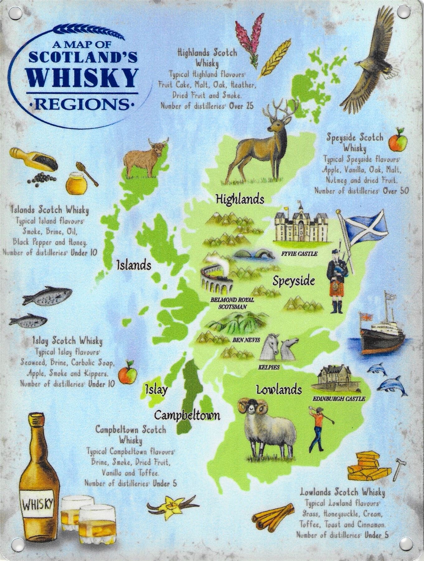 New 30x40cm Scotland Whisky Regions Map vintage enamel style large metal sign
