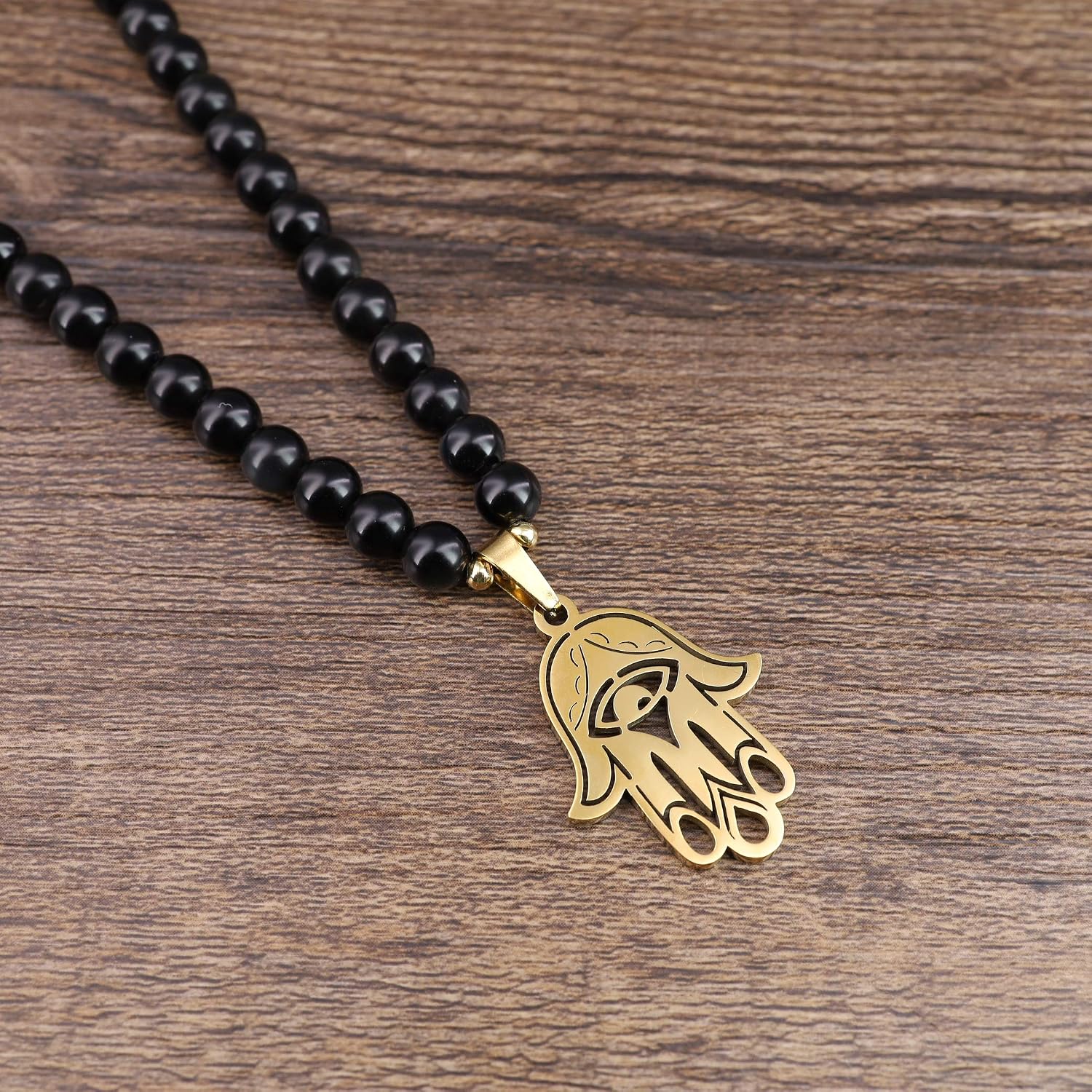 COAI Hamsa Hand Black Obsidian Tiger Eye Stone Beaded 108 Mala Necklace, Golden-Brown or Golden-Yellow, Mittel - Image 5