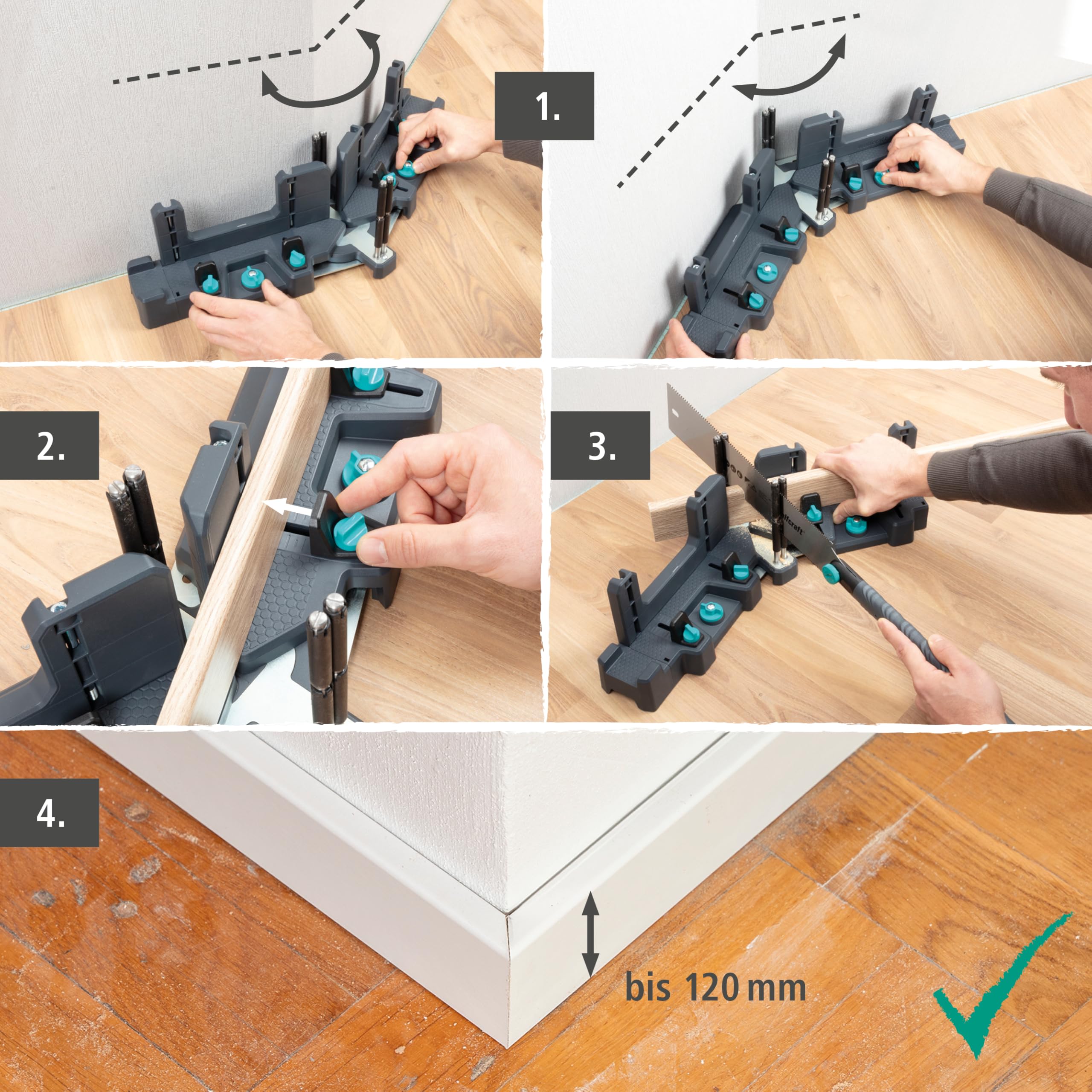 wolfcraft Schmiege und Gehrungsschneidlade PRO - 6956000-2-in-1 Gehrungslade zum Schneiden von bis zu 120 mm hohen Fußleisten & Sockelleisten und Ausmessen von Raumwinkeln 6