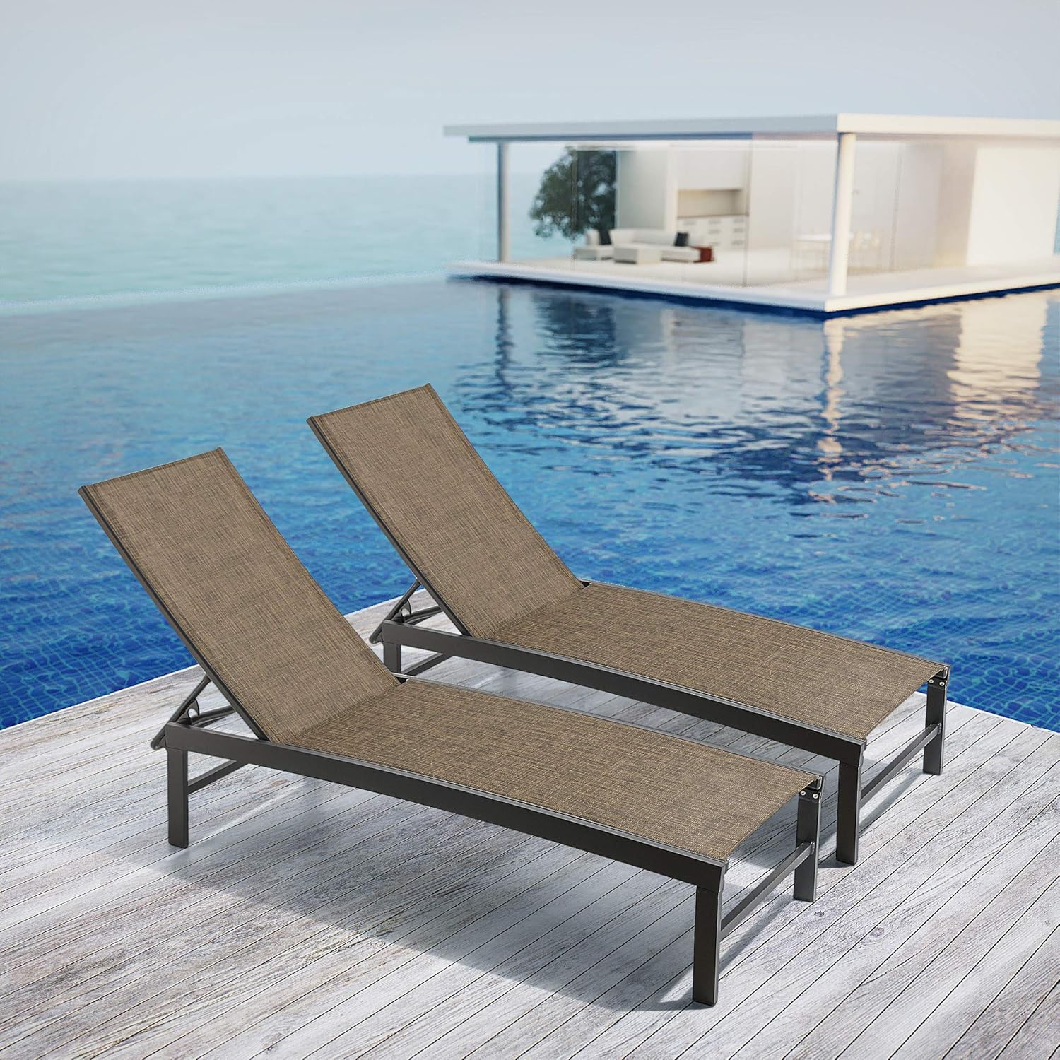 Pellebant Adjustable Patio Chaise Lounge Chair, 5 Positions and Flat Position, Folding Outdoor Recliners for Beach, Pool and Yard, 2 Pcs Set, Gray&Brown : Garden & Outdoor